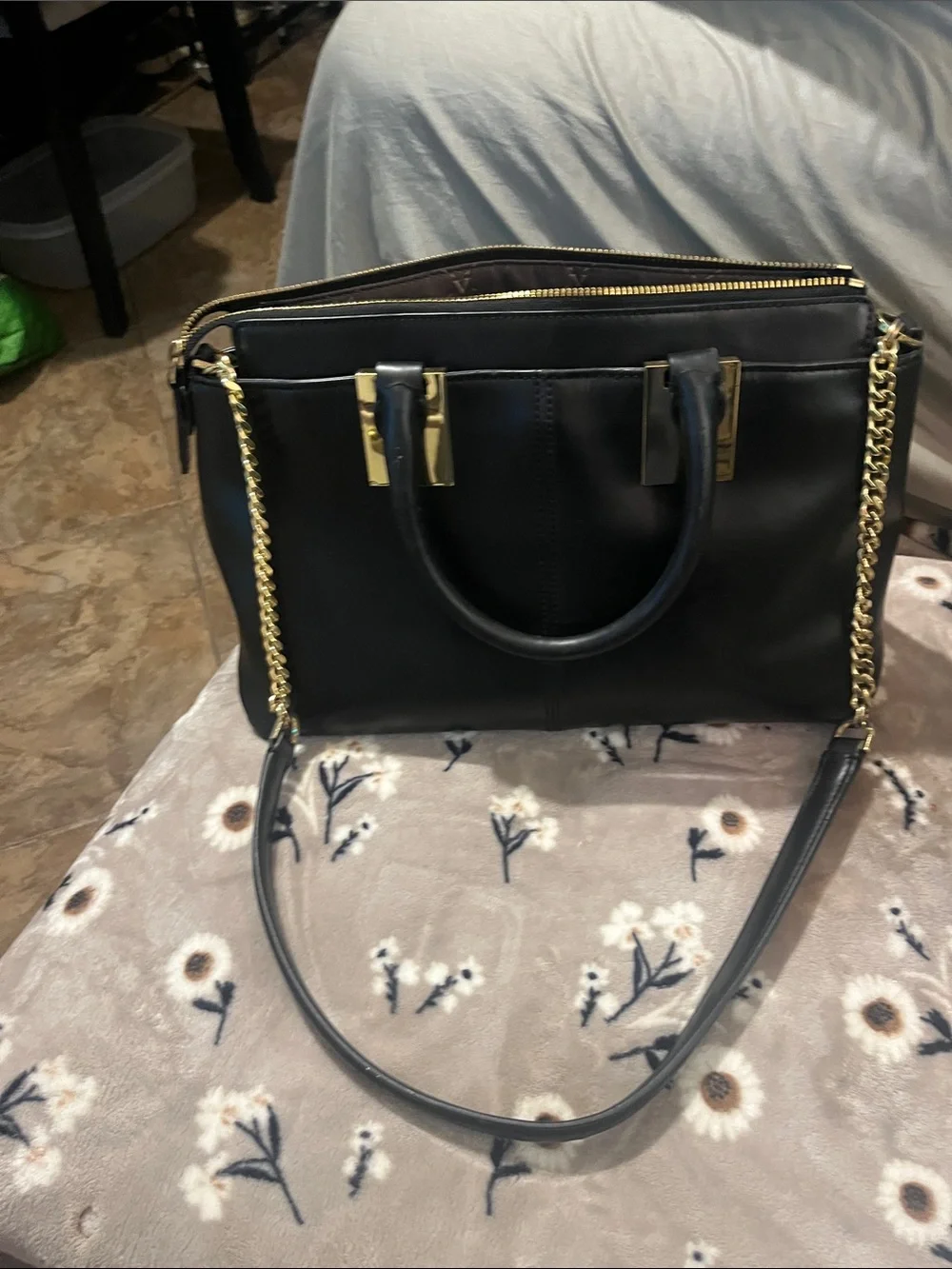 Vince Camuto Black Leather Tote with Gold Hardware for crossbody
